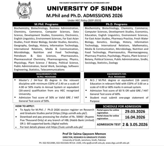 Admissions announced for MPhil and PhD programs at Sindh University, registration begins